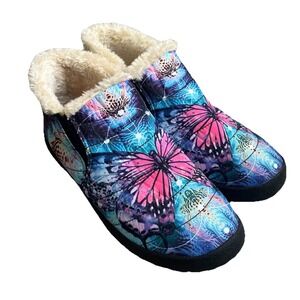 Yes We Vibe Sz. 5 Butterfly Faux Fur Lined Slip In Ankle Slipper Shoes BOHO